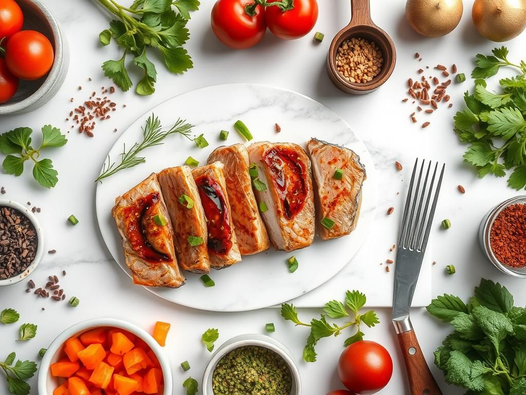 Asian glazed tuna steak ingredients arranged with ginger, garlic, lime, and soy sauce