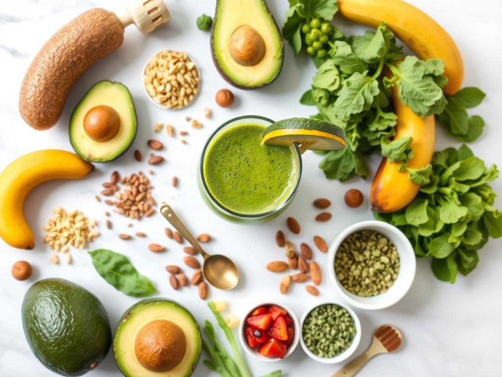 Assembled avocado smoothie ingredients on counter