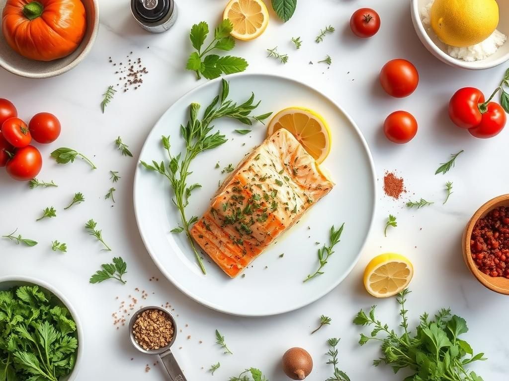 Fresh ingredients for lemon herb salmon including wild salmon fillets, lemons, and herbs arranged on wooden surface