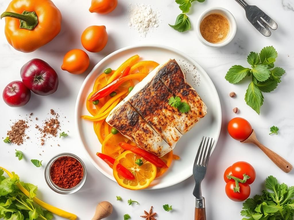 Cajun spices, fresh mahi-mahi fillets, lemons, and vegetables arranged on wooden table