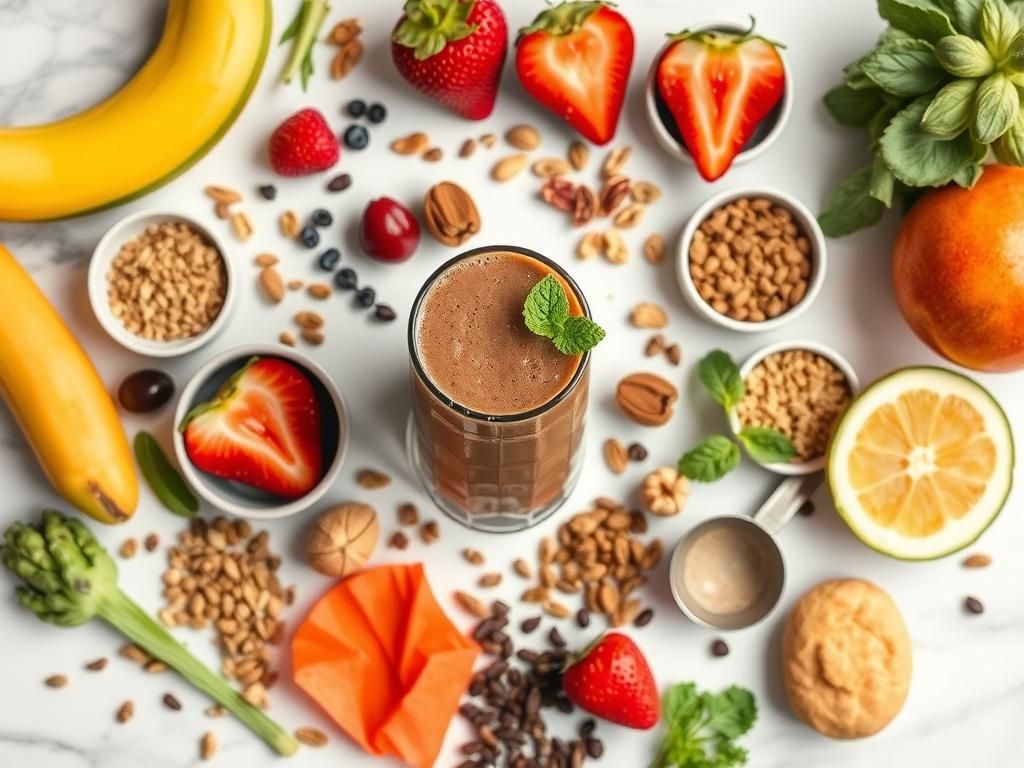 Chocolate Protein Smoothie ingredients arranged on wooden table