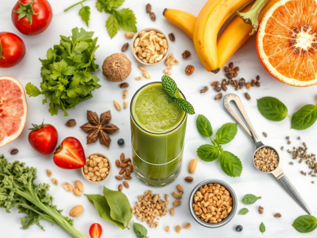 Fresh green detox smoothie ingredients - spinach, celery, pear, lime, avocado, parsley, coriander seeds, water