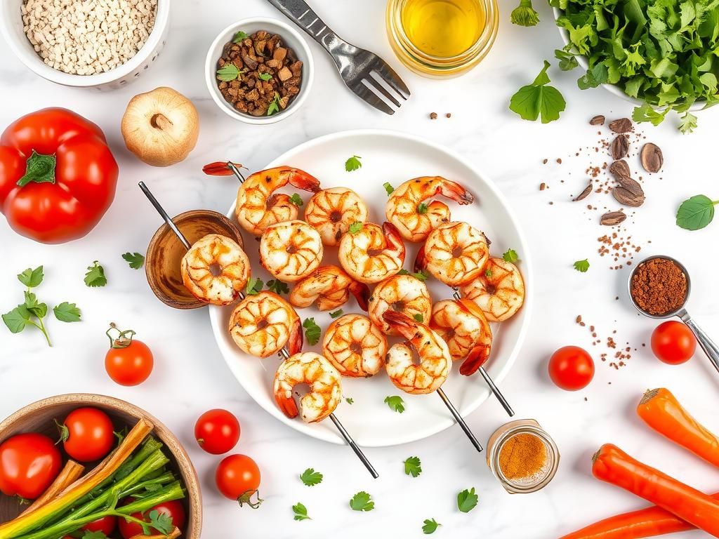 Fresh ingredients for grilled shrimp skewers