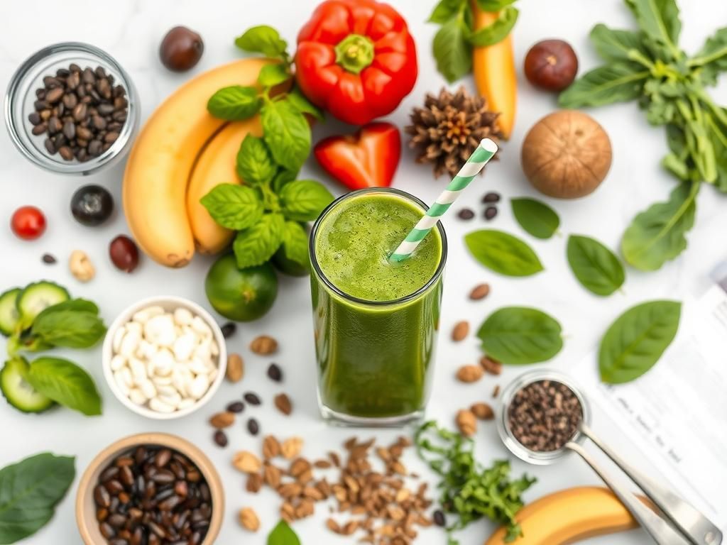 Ingredients lineup for spirulina smoothie: spirulina powder, fresh spinach, fruits