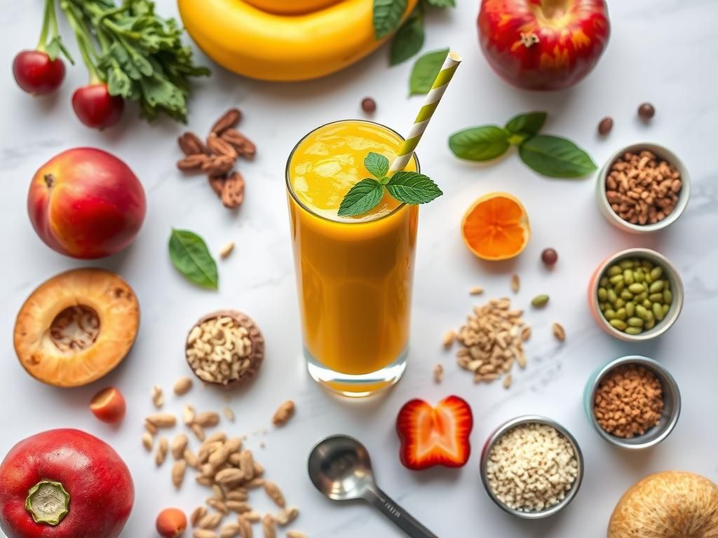 Tropical mango smoothie ingredients: fresh mango, banana, pineapple, coconut water and leaves